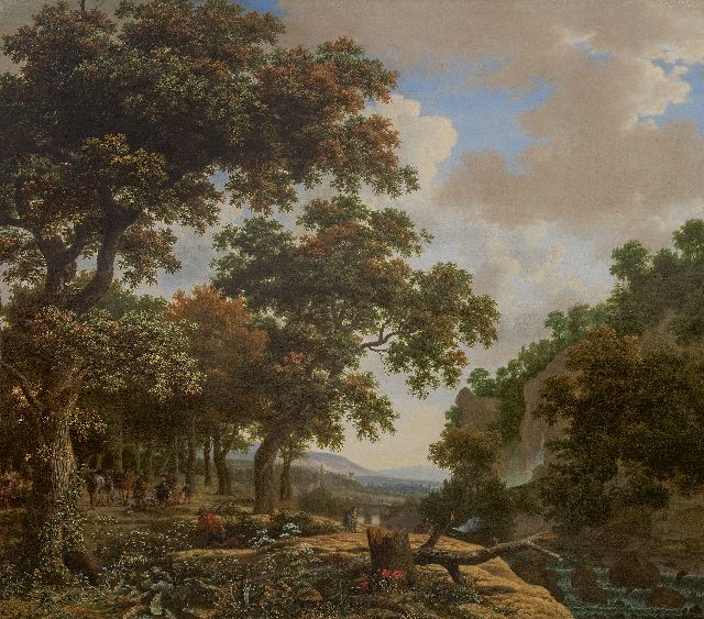 Joris van der Haagen | Extensive forest landscape with hunters, oil on canvas, 132.5 x 150.5 cm