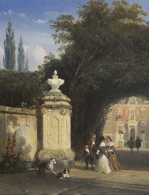 Cornelis Springer | An elegant company at the gate of Nederhorst castle, oil on panel, 25.6 x 20.1 cm, signed l.l. with monogram and dated '48