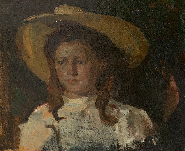 Louise Fritzlin | Fokeltje with yellow hat, oil on board laid down on panel, 31.7 x 36.7 cm, painted in 1908