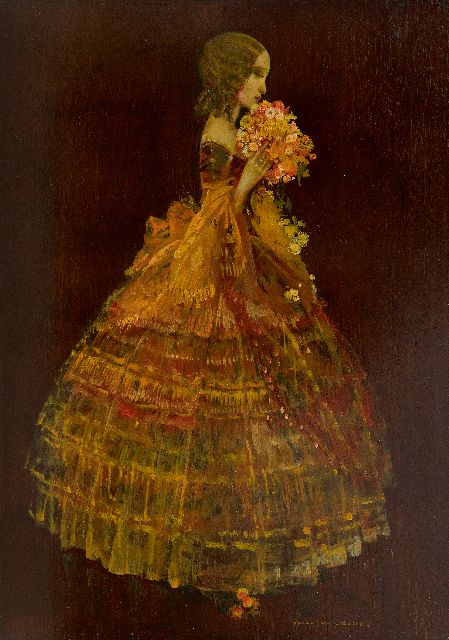 Belle K. van | Woman in yellow ball gown, oil on panel 41.8 x 29.6 cm, signed l.r.