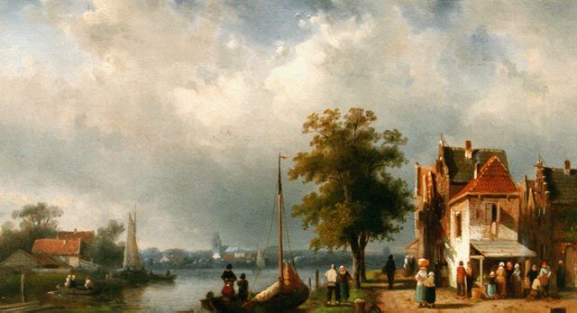 Charles Leickert | Daily activities along the river, oil on panel, 24.7 x 40.0 cm, signed l.r. and dated 1864