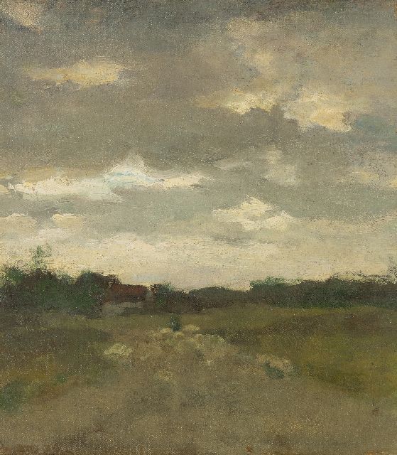 Weissenbruch H.J.  | Landscape with sheep near Waalsdorp, oil on canvas laid down on panel 35.5 x 31.0 cm, painted ca. 1895