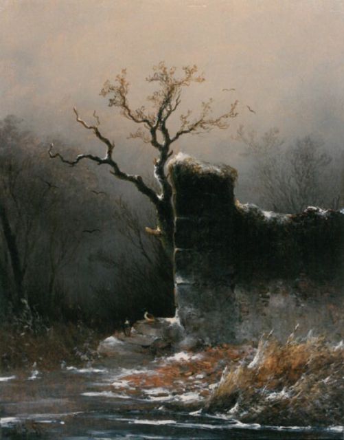 John Franciscus Hoppenbrouwers | Winterlandschap met ruine, oil on panel, 27.3 x 21.5 cm, gesigneerd l.o. mon