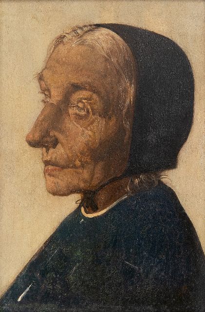 Berg W.H. van den | A portrait of an elderly woman, oil on panel 16.4 x 10.7 cm, signed l.r.