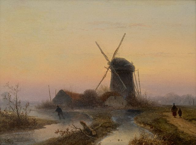 John Franciscus Hoppenbrouwers | A windmill along a frozen waterway, oil on panel, 24.0 x 32.1 cm, signed l.l.