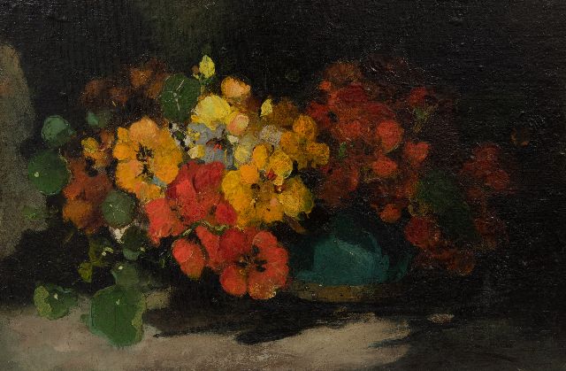 Lerven G.J. van | Nasturtium in glazed pot, oil on canvas laid down on panel 32.2 x 48.3 cm, signed l.r. and dated 1907