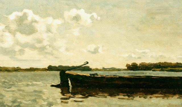 Willem Bastiaan Tholen | A moored flatboat, oil on canvas laid down on panel, 25.3 x 38.7 cm, signed l.r. and dated '11
