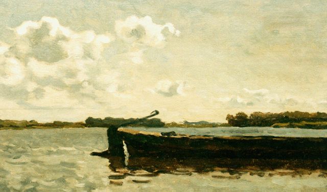 Tholen W.B.  | A moored flatboat, oil on canvas laid down on panel 25.3 x 38.7 cm, signed l.r. and dated '11