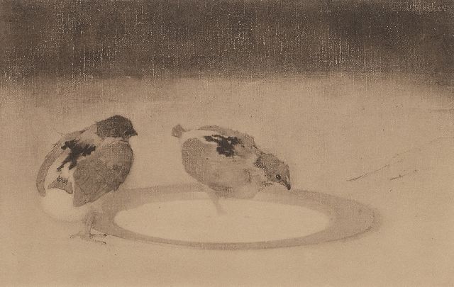 Jan Mankes | Two chicks on a pewter plate, heliografie, 13.0 x 20.0 cm, to be dated 1910