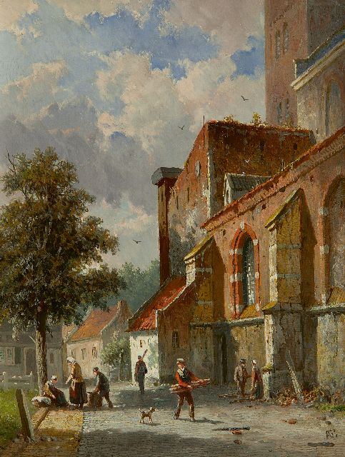 Adrianus Eversen | Sunny street behind the church, oil on panel, 27.0 x 20.8 cm, signed l.r. with monogram