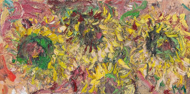 Mulders M.M.M.  | Zonnebloemen Herfst II (Sunflowers Autumn II), oil on canvas 30.2 x 60.0 cm, signed on the reverse and dated on the reverse sept. 97