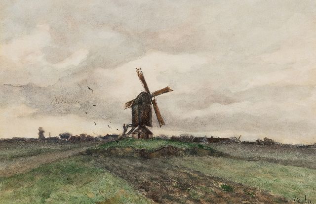 Taco Mesdag | Windmühle in Drenthe, watercolour on paper, 35.5 x 52.0 cm, signed l.r.