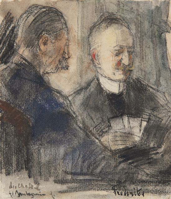 Floris Arntzenius | F.J. van Rossum du Chattel and J.A. Frederiks playing cards at Pulchri Studio, crayon and watercolour on paper, 13.7 x 11.6 cm, signed l.l.