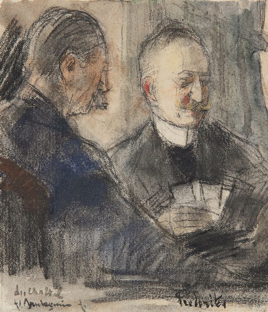 Arntzenius P.F.N.J.  | F.J. van Rossum du Chattel and J.A. Frederiks playing cards at Pulchri Studio, crayon and watercolour on paper 13.7 x 11.6 cm, signed l.l.