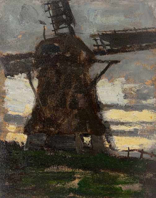 Carel Lodewijk Dake (jr.) | Windmill at sunset, oil on painter's board, 22.4 x 17.6 cm