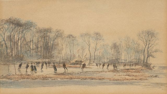 Pieter van Borselen | Skaters on flooded meadows, pencil and watercolour on paper, 17.1 x 27.1 cm