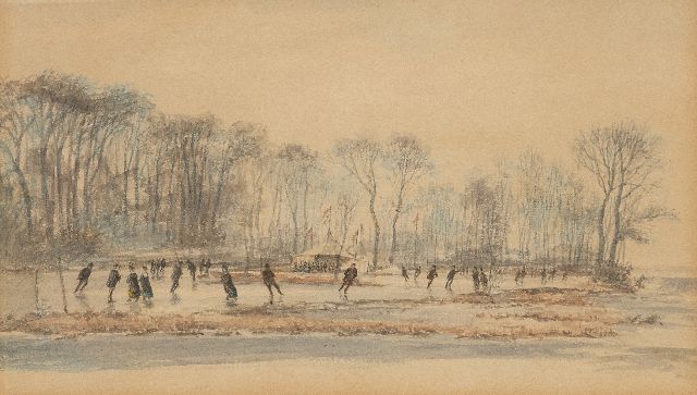 Borselen P. van | Skaters on flooded meadows, pencil and watercolour on paper 17.1 x 27.1 cm