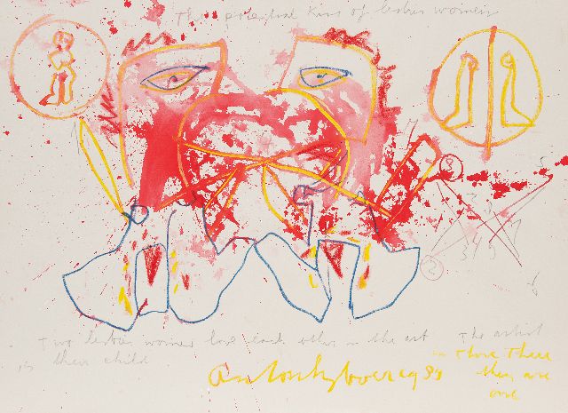 Heyboer A.  | The potential kiss of lesbian women, pencil, chalk and watercolour on paper 78.4 x 107.5 cm, signed l.c. and dated 1989