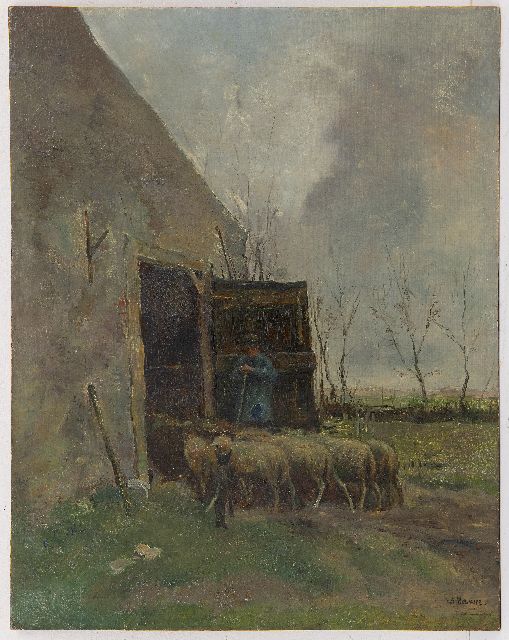 Anton Mauve | Sheep and shepherd at the barn, oil on panel, 46.1 x 36.2 cm, signed l.r.