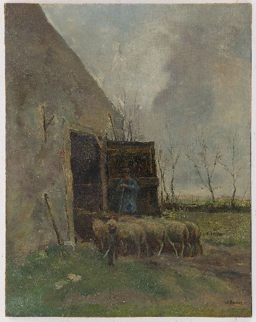 Mauve A.  | Sheep and shepherd at the barn, oil on panel 46.1 x 36.2 cm, signed l.r.