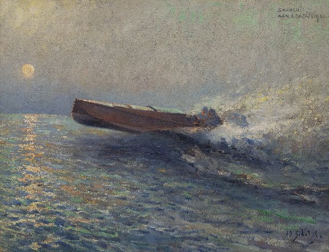 A.P. Schotel | Speed-boat race at sunset, oil on canvas, 43.6 x 57.3 cm, signed l.r.