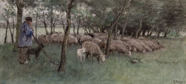 Anton Mauve | A shepherd with his flock, watercolour on paper, 30.5 x 67.0 cm, signed l.r. and painted ca. 1877