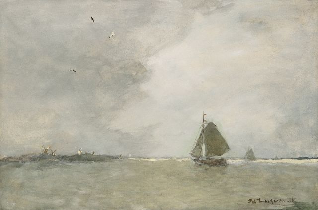 Weissenbruch H.J.  | Sailing ships on the lake, watercolour on paper 34.8 x 52.4 cm, signed l.r.