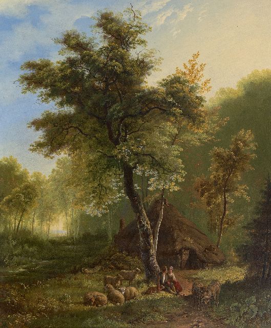 Willem Bodeman | Hirtenpaar mit Schafen an einer Hütte, oil on panel, 58.6 x 49.0 cm, signed l.c. and dated 1856