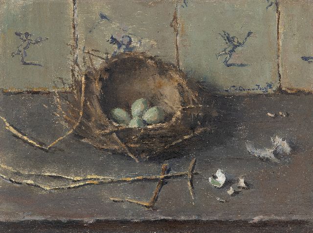 Dam van Isselt L. van | Eggs in a bird's nest against a background of old Dutch tiles, oil on panel 30.1 x 40.2 cm, signed c.r.