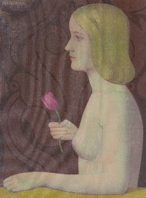Heyse J.  | Female nude with a tulip, oil on canvas laid down on board 54.6 x 40.3 cm, signed u.l. and dated 1951