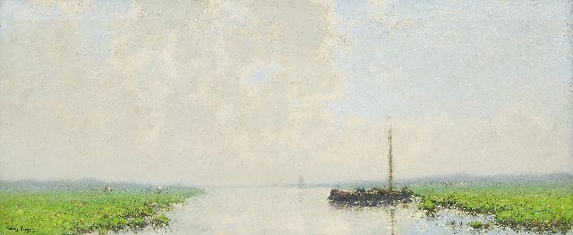 Cornelis Kuijpers | Moored barge in a wide river landscape, oil on canvas, 45.7 x 108.6 cm, signed l.l.