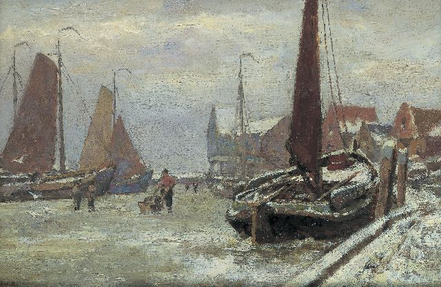 Koekkoek G.J.  | The harbour of Volendam in winter, oil on canvas 20.1 x 30.0 cm, signed l.l.