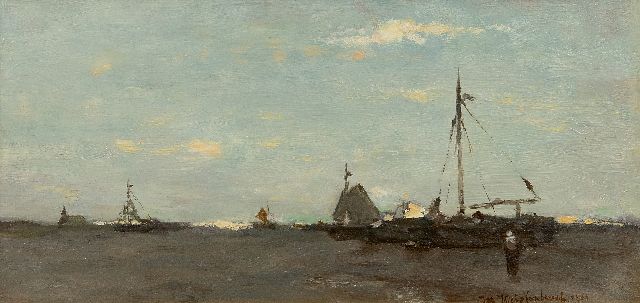 Weissenbruch H.J.  | Stranded boats on the beach of Scheveningen at low tide, oil on panel 15.6 x 31.2 cm, signed l.r. and dated 1901