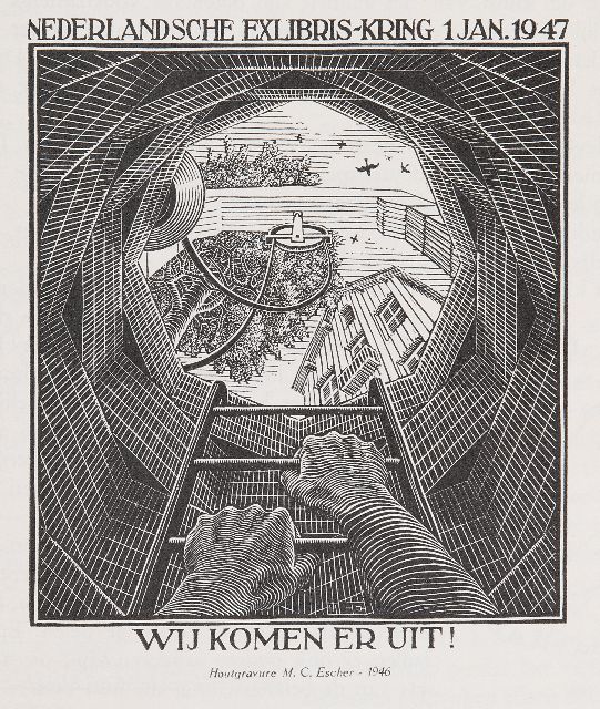 Escher M.C.  | Wij komen er uit! Illustration in memorial book of the Dutch Exlibris-Kring, 1947, wooden engraving 12.0 x 10.0 cm