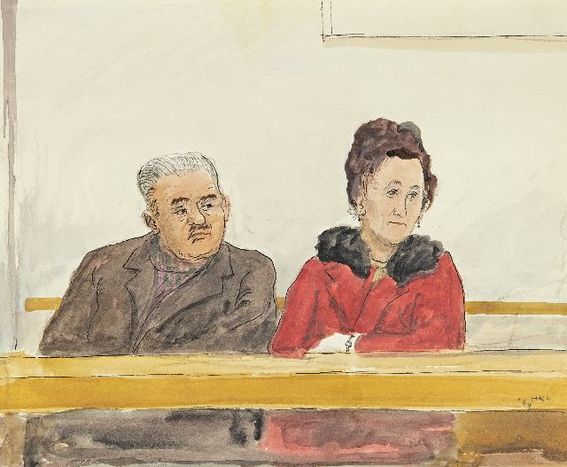 Kamerlingh Onnes H.H.  | A man and a woman at a church concert at Voorschoten, pen and ink, chalk and watercolour on paper 23.3 x 28.1 cm, signed l.r. with monogram and dated '69