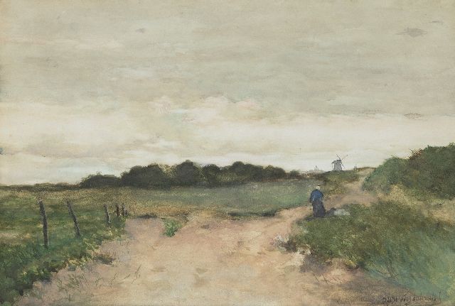 Jan Hendrik Weissenbruch | Fisherwoman on in the dunes near Noordwijk, watercolour on paper, 59.5 x 40.5 cm, signed l.r.