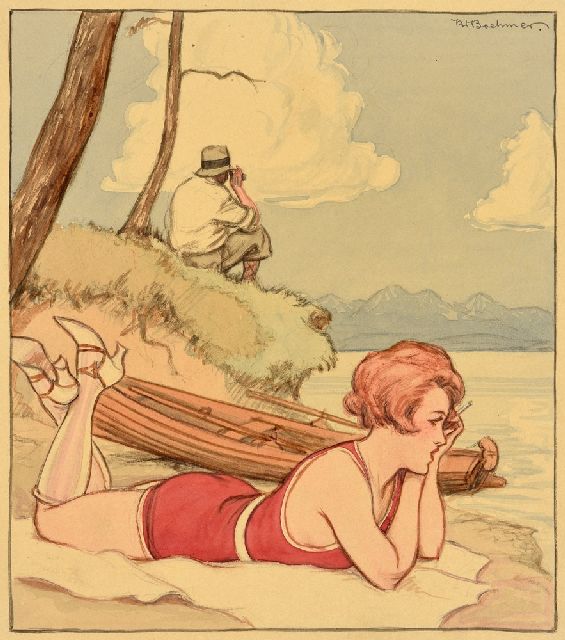 Boehmer K.W.  | On the beach, pencil and watercolour on paper 21.6 x 18.8 cm, signed u.r. and without frame