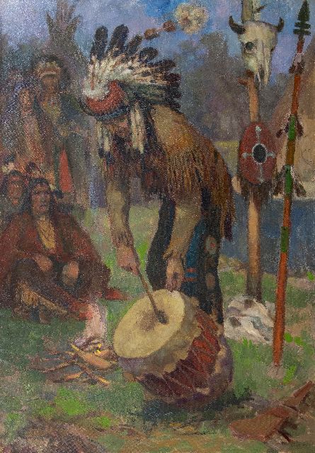 Amerikaanse School, 20e eeuw   | Drumming medicine man of native tribe, oil on canvas 128.0 x 89.8 cm