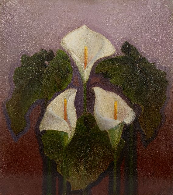 Dirk Verstraten | Three white Arums, oil on paper laid down on board, 48.3 x 42.3 cm, signed l.r.