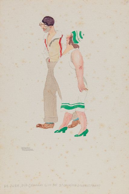 Herman Moerkerk | Amsterdammers strolling in Zandvoort: the dress, which was crocheted in the 2e Leidsche Dwarsstraat, pencil and watercolour on paper, 25.5 x 17.0 cm, signed l.l.