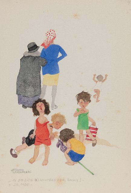 Herman Moerkerk | 'Is this sea also there in winter, Emmy? Yes, mum...', pencil and watercolour on paper, 25.5 x 17.1 cm, signed l.l.