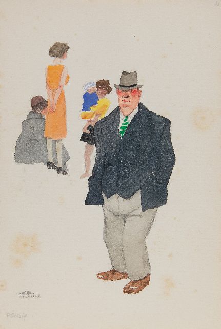 Moerkerk H.A.J.M.  | Pensif, pencil and watercolour on paper 25.5 x 17.1 cm, signed l.l.
