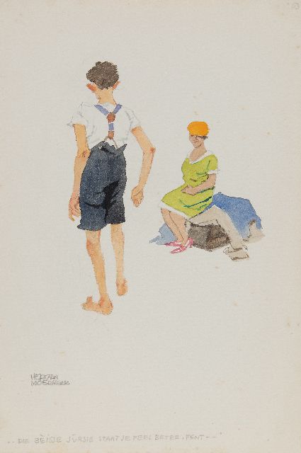 Herman Moerkerk | '..That beige jacket looks much better on you, dude..', pencil and watercolour on paper, 25.5 x 17.1 cm, signed l.l.