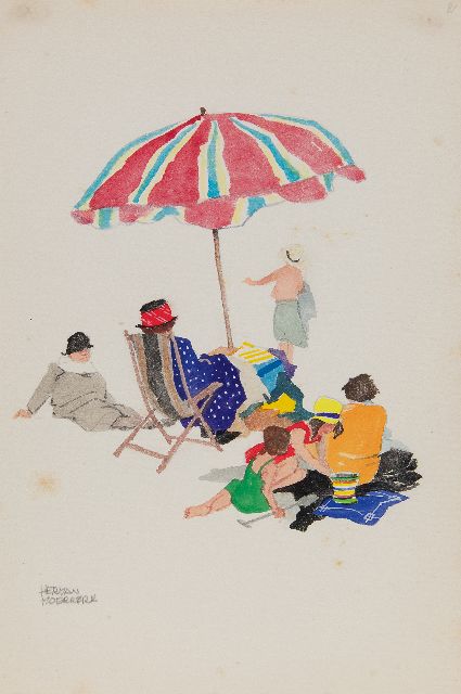 Herman Moerkerk | Under mother's parasol at Zandvoort, pencil and watercolour on paper, 25.5 x 17.1 cm, signed l.l.