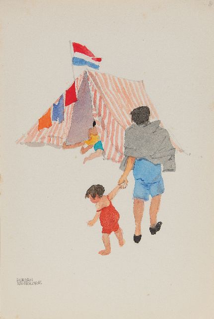 Moerkerk H.A.J.M.  | The red and white tent with the Dutch flag, pencil and watercolour on paper 25.6 x 17.3 cm, signed l.l.