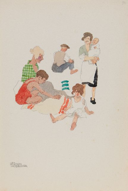 Herman Moerkerk | All together to the beach, pencil and watercolour on paper, 25.5 x 17.1 cm, signed l.l.