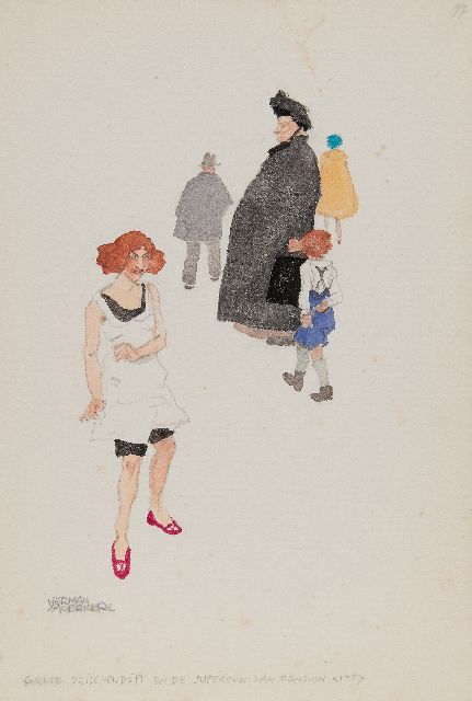 Herman Moerkerk | Grete Veilchenduft and the Miss of Pension Kitty, pencil and watercolour on paper, 25.5 x 17.3 cm, signed l.l.