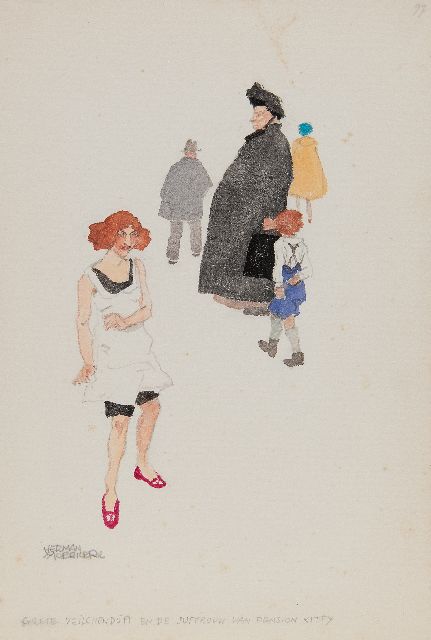 Moerkerk H.A.J.M.  | Grete Veilchenduft and the Miss of Pension Kitty, pencil and watercolour on paper 25.5 x 17.3 cm, signed l.l.