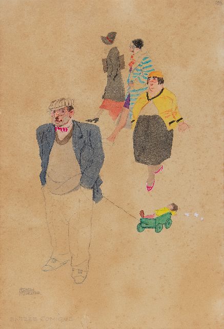 Herman Moerkerk | Comic entrance, pencil and watercolour on paper, 25.6 x 17.3 cm, signed l.l.