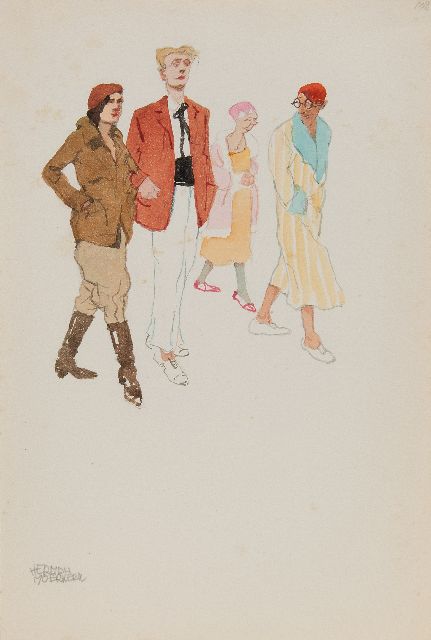 Herman Moerkerk | Strolling in Zandvoort, pencil and watercolour on paper, 25.6 x 17.1 cm, signed l.l.